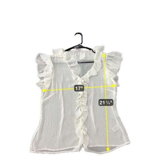 Metro 7 Sheer Cap Sleeve  V-Neck Ruffle Blouse Eggshell Sz Medium Career Office - Picture 7 of 10